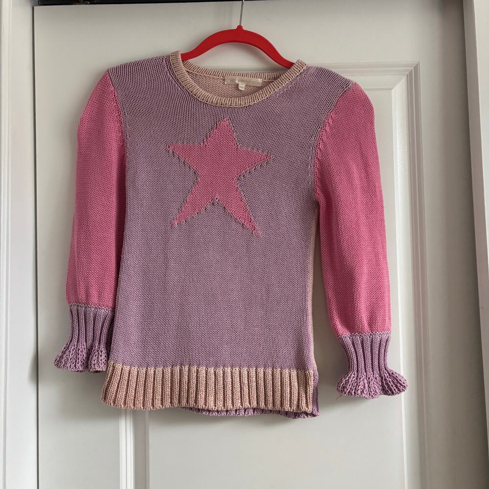 LoveShackFancy Girl’s Colorblock Knit Sweater Star Pink Sz 8-9Y Pastel Purple
